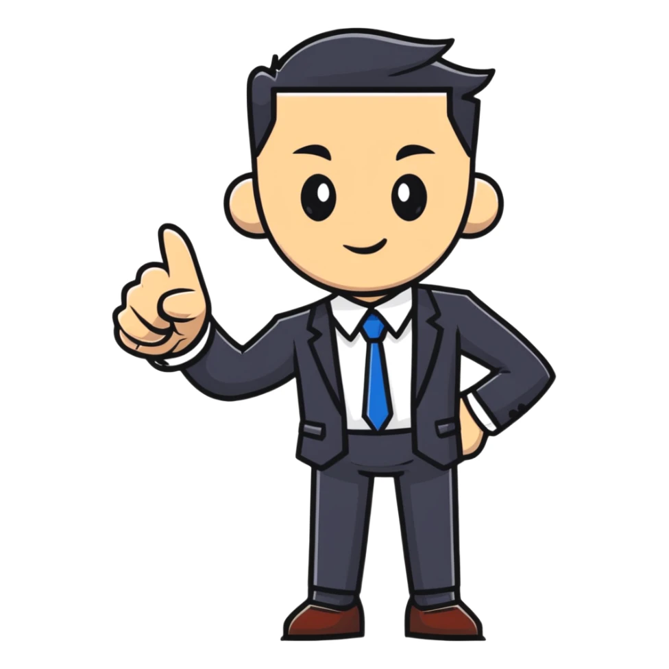Boss character with a confident pose, business attire, pointing forward sticker
