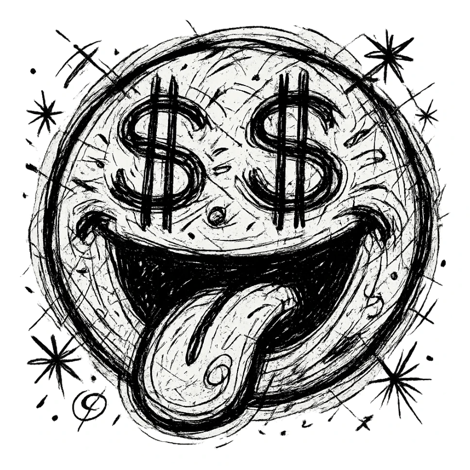 Upgrade this earth emoji with money sign eyes to have a 'cha-ching' face, emphasizing excitement and money with a big open mouth or tongue out, while keeping the original cute chaotic icon style adorable. sticker