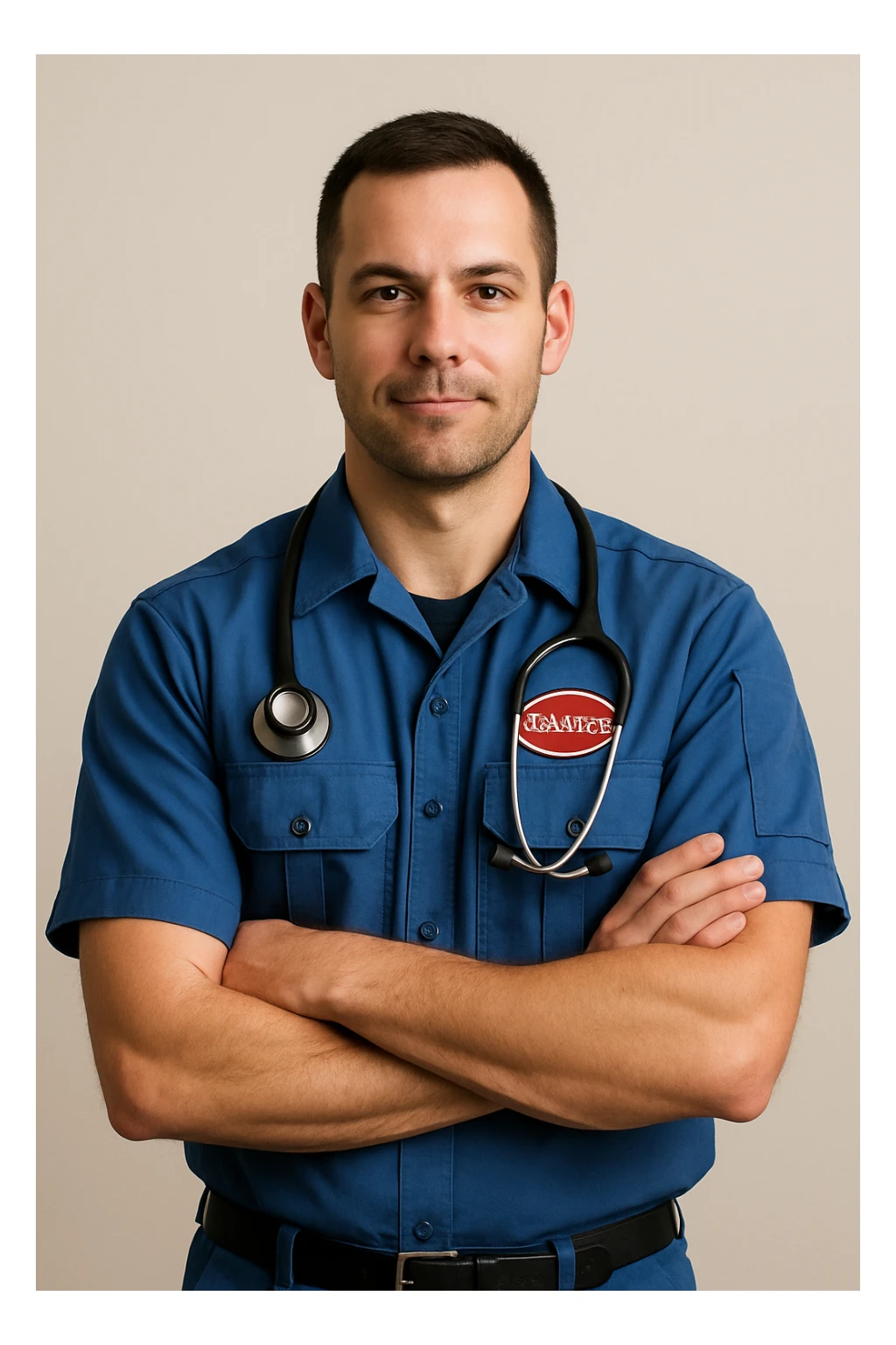 male paramedic in a blue uniform, with a stethoscope, professional, simple background sticker
