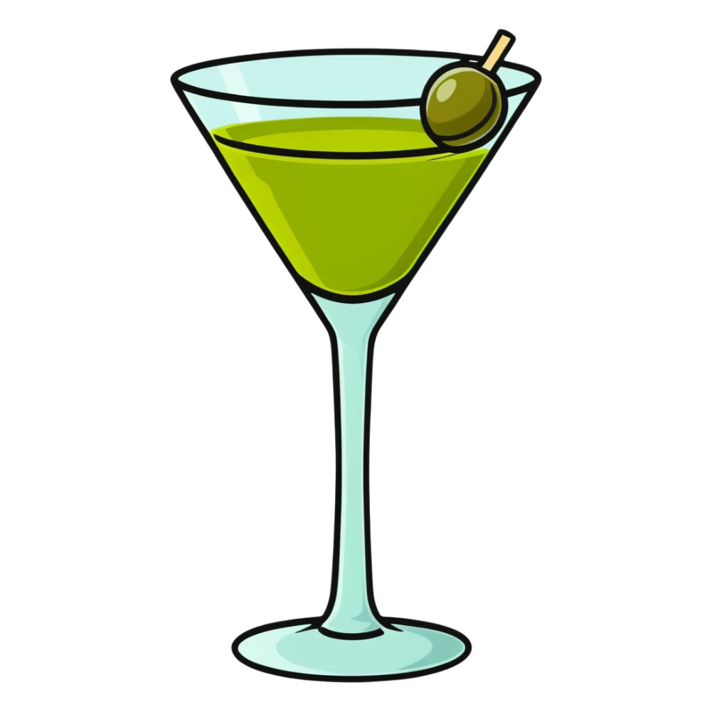 classic cocktail glass with perfectly clear colorless liquid like pure water, completely transparent with no tint, containing a green olive speared on a toothpick at the bottom sticker