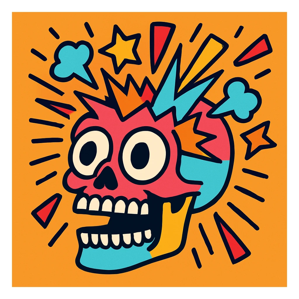 skull with mind blown effect, cartoonish, bold and colorful style sticker