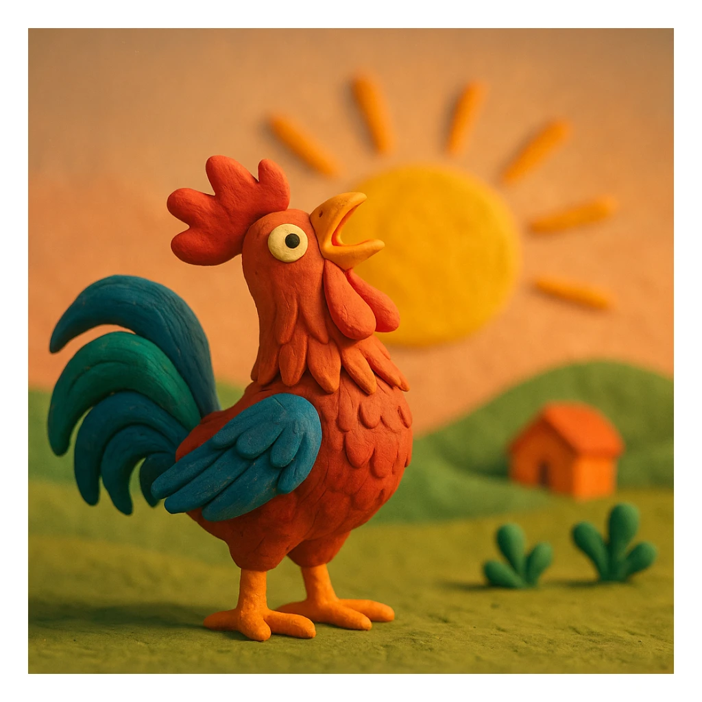 rooster crowing at sunrise, vibrant colors, soft lighting, detailed feathers in claymation style sticker