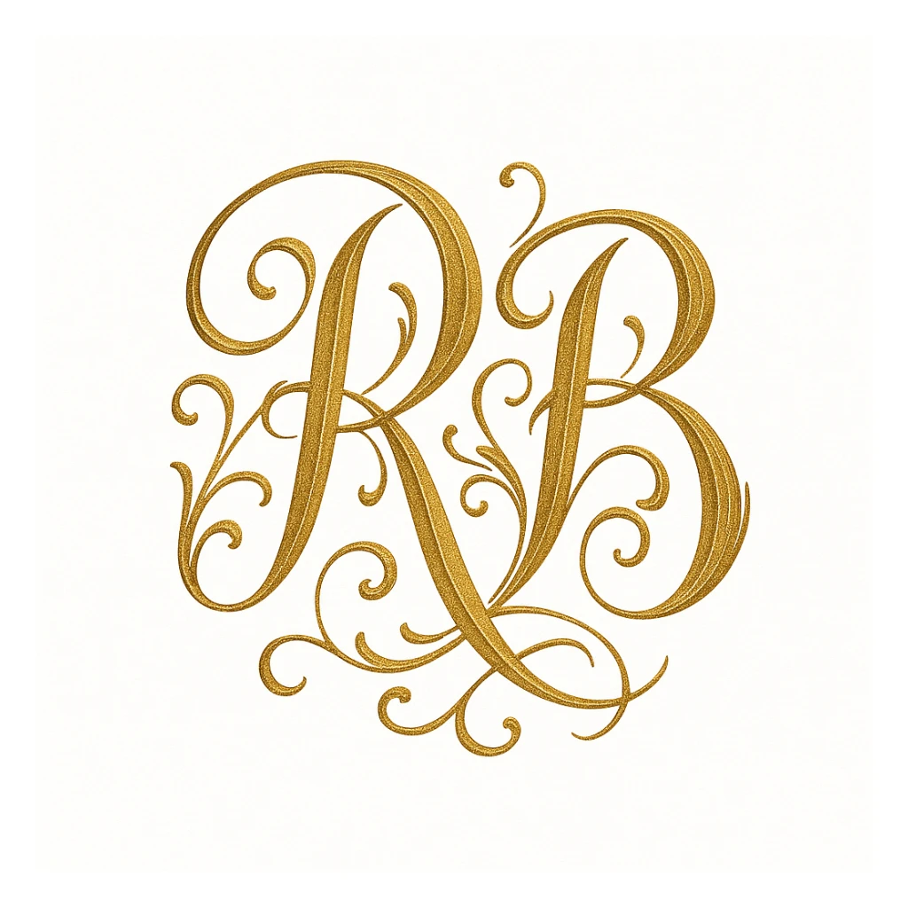 calligraphy initials RB, gold ink, ornate style, profile icon, white background sticker