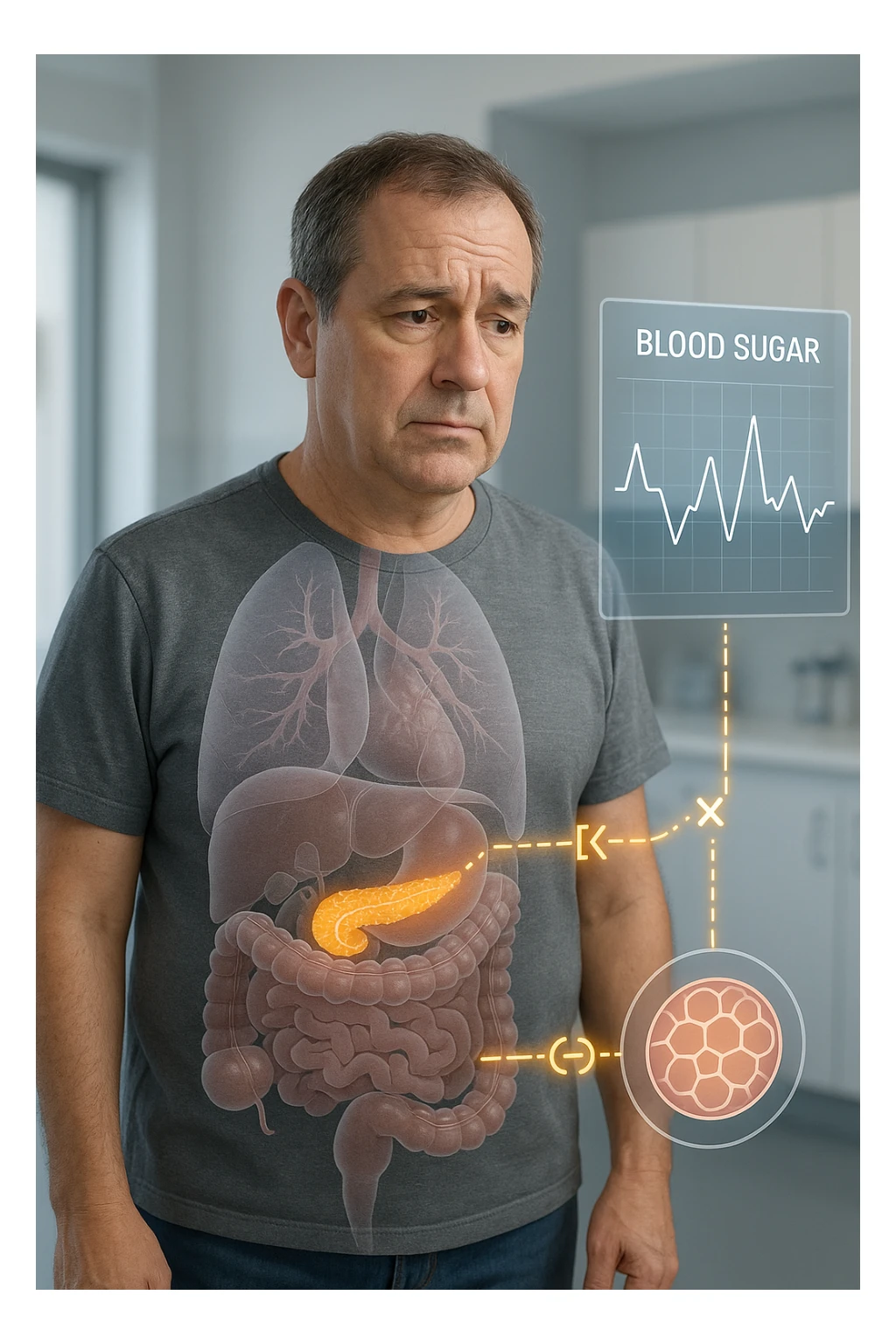 a middle-aged man stands in a clinical setting, with a semi-transparent overlay showing his internal organs. His pancreas is highlighted, and glowing lines or icons indicate disrupted insulin signaling between the pancreas and muscle or fat cells. The man’s expression is slightly concerned, and a digital chart beside him displays fluctuating blood sugar levels. The lighting is realistic, with a clean, modern medical background. in italiano sticker