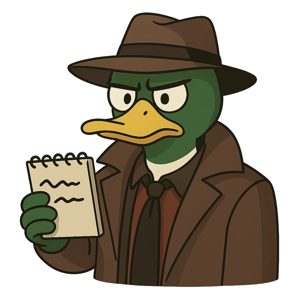 Transform the duck detective into a mallard with a distinctive green head and brown chest, maintaining the cartoon detective style, with no background. sticker