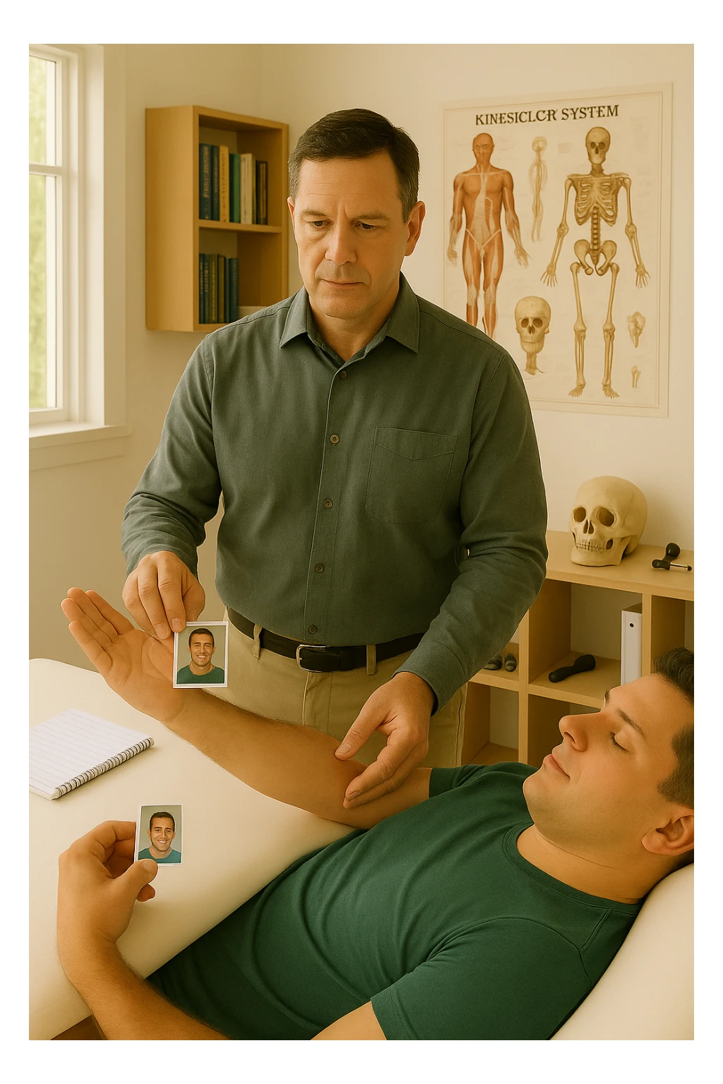 a middle-aged man, dressed in casual professional attire, is in a bright, organized therapy studio. Durante una visita di kinesiologia, il ragazzo tiene con una mano la foto di una persona lontana (il “testimone”) tiene la foto in mano, mentre con l’altra mano esegue un test muscolare su un cliente presente senza foto lui non tiene la foto. Sullo sfondo si vedono libri di kinesiologia, poster anatomici e strumenti tipici della disciplina. L’atmosfera è concentrata e serena, con luce naturale che entra dalla finestra, sottolineando l’aspetto alternativo e umano della pratica. sticker
