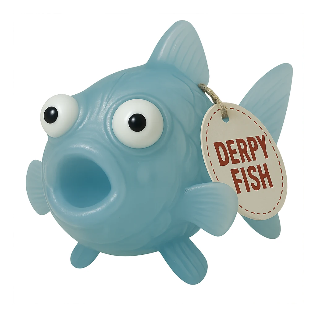 Edit the image to change the retro toy tag on the fin to say 'Derpy Fish'. Make sure the fish is looking perfectly straight at the camera. Keep the see-through, semi-transparent blue plastic, eyes going in opposite directions, hyper-detailed, soft plastic 90's toy look. Remove the background. The style should reflect a see-through, semi-transparent blue plastic 90's toy with hyper-detailed soft plastic texture and derpy eyes. sticker