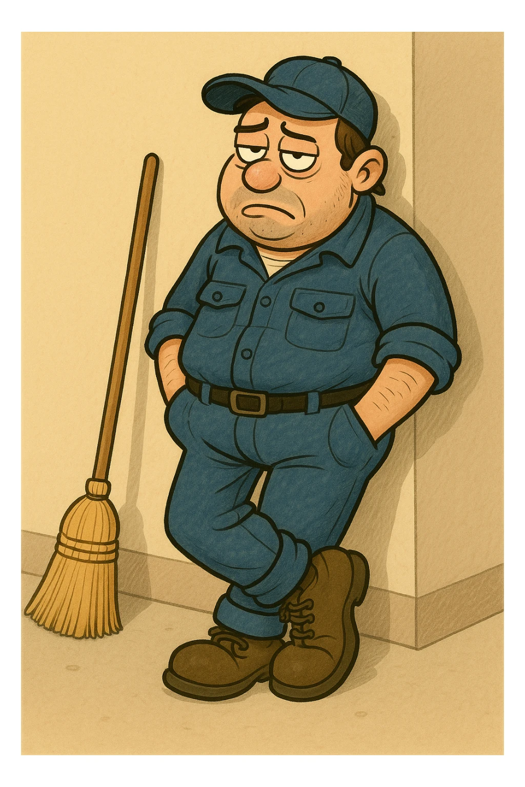 Make the lazy janitor more cartoonish with exaggerated features in a playful style. Show him leaning against a wall with hands in pockets, broom on the ground, and an uninterested face. sticker
