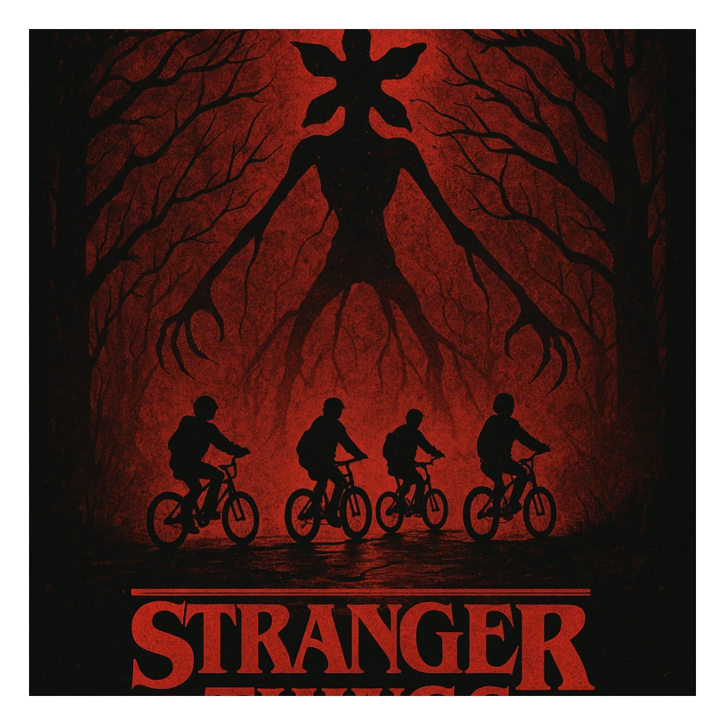 Stranger Things series, horror poster style, the Upside Down with silhouettes of kids on bikes sticker