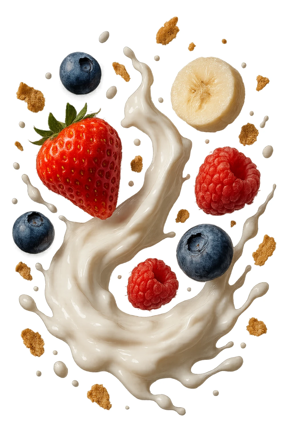 Yogurt, frutta, cereali FLUTTUANO IN ARIA, iperrealistica 4k sticker