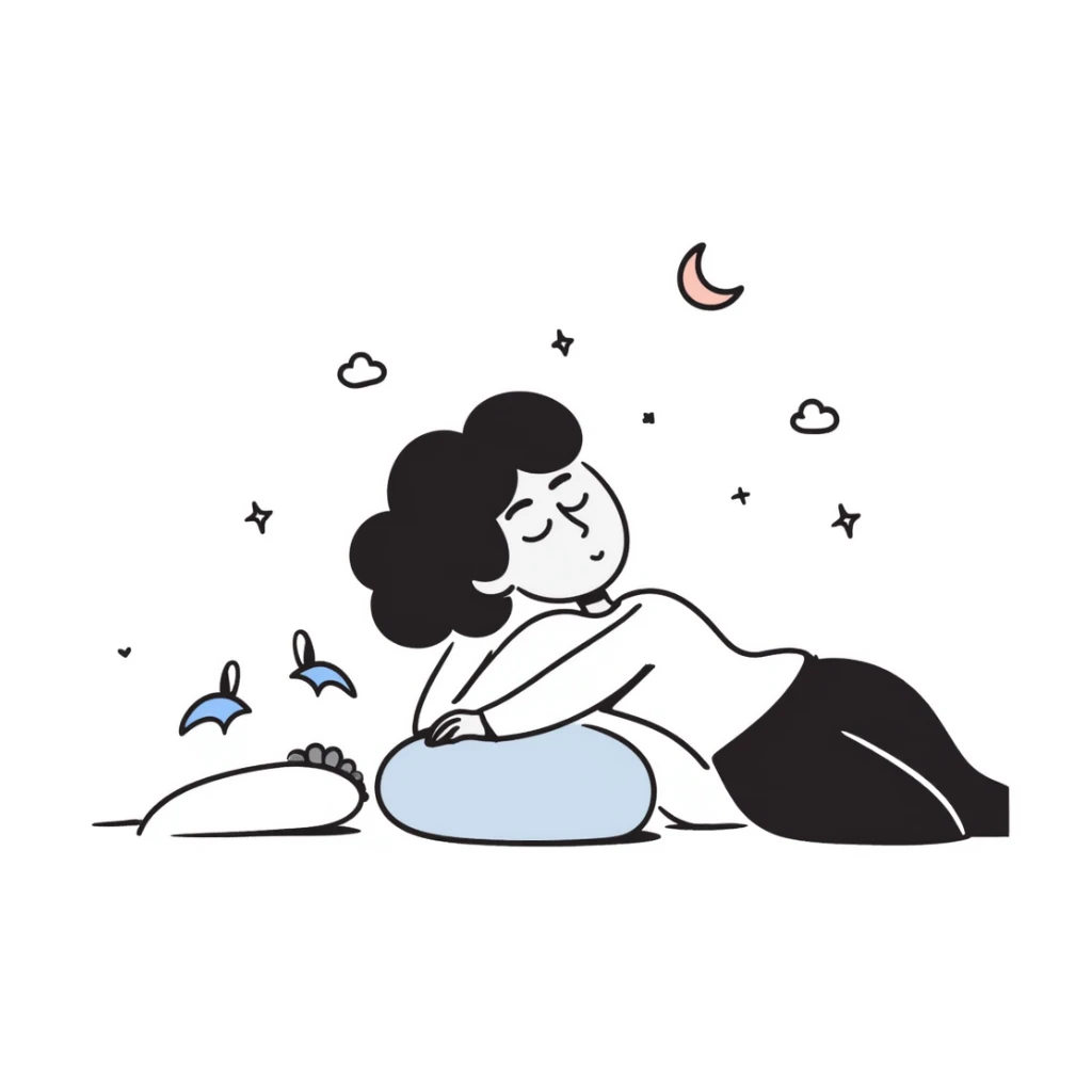 A person with closed eyes sleeping peacefully with a small crescent moon nearby. Warm, calming colors with blues and purples. Simple hand-drawn doodle style. sticker