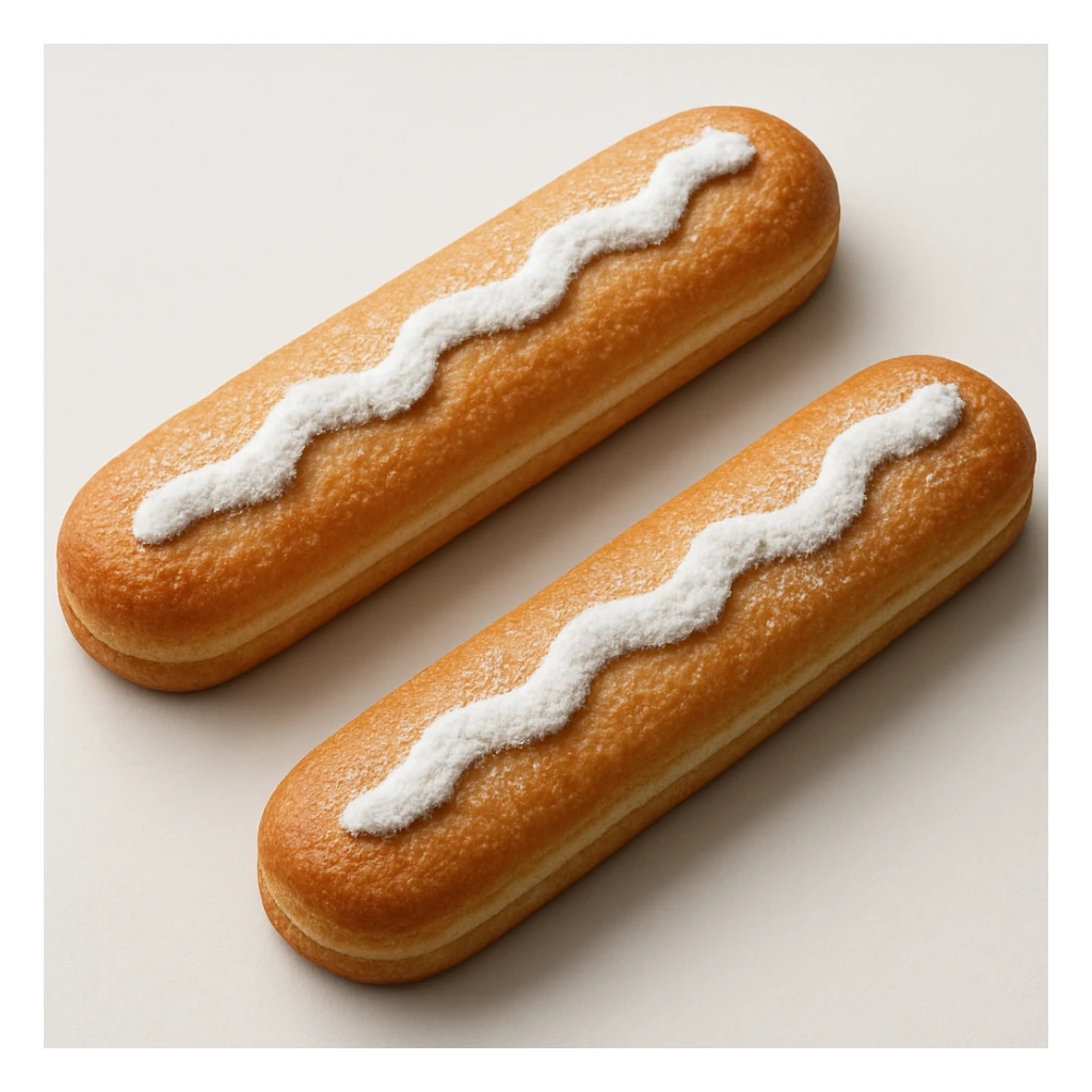 Make the ladyfinger biscuits more realistic: boost the golden-brown tones, add fine spongy and crisp texture, improve the powdered sugar detail, and refine the lighting and shadows for a highly realistic 3D effect. Keep the arrangement and background the same, no anthropomorphic features. The style should maintain the original realistic photographic look of the biscuits. sticker