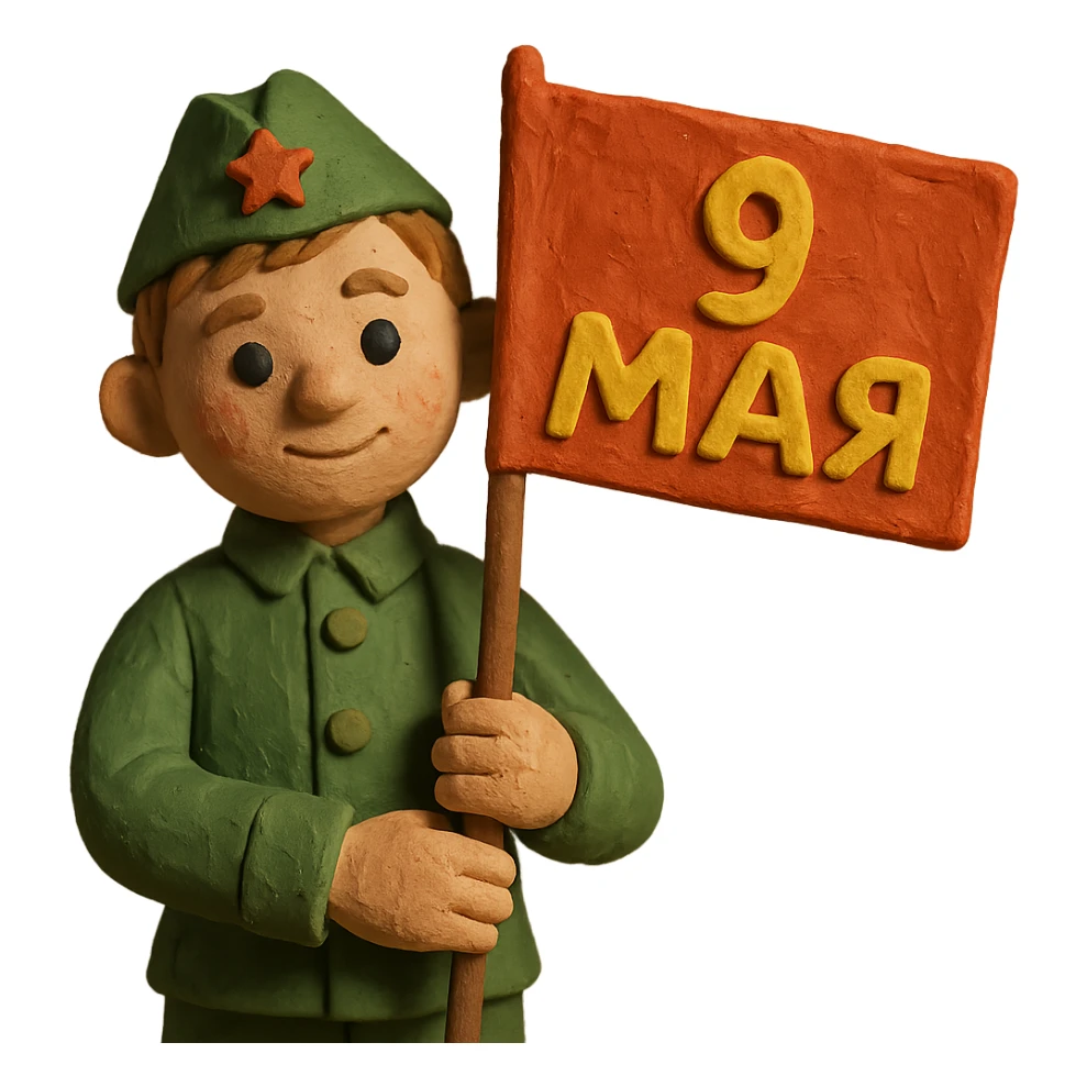 military boy in Soviet green uniform holding a red flag with "9 мая" sticker