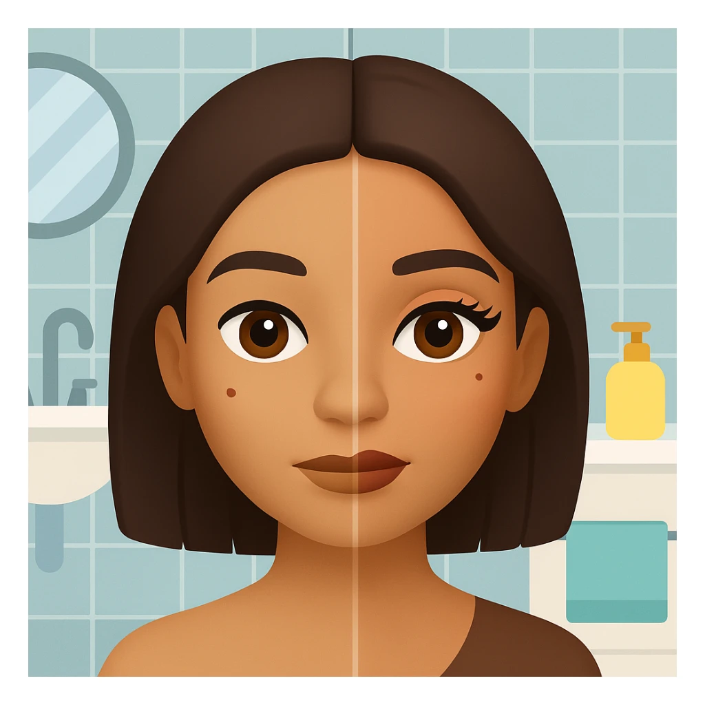 Add a bathroom background behind the Latin girl with half her face clean and half with makeup. The style should resemble emoji style with simple, colorful, and concise features. sticker