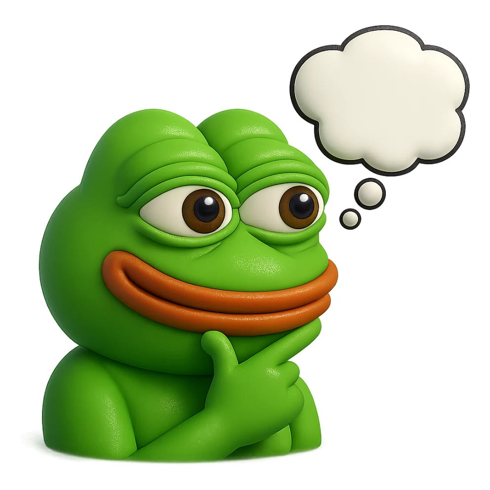 make a pepe in bright green smiling with thought bubble looking at right side in 3d style, good highlights and shadows, drop shadows sticker