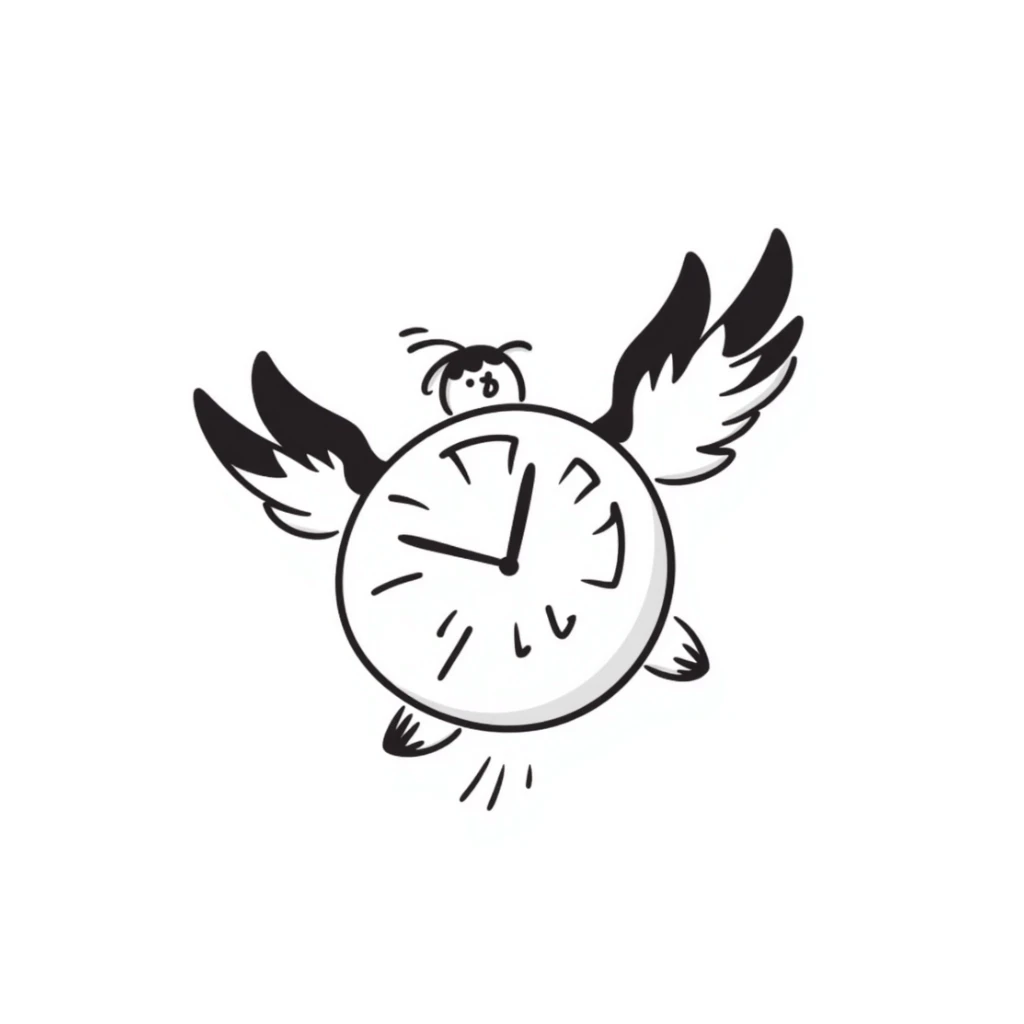 whimsical hand-drawn doodle of a clock with wings, notion style sticker
