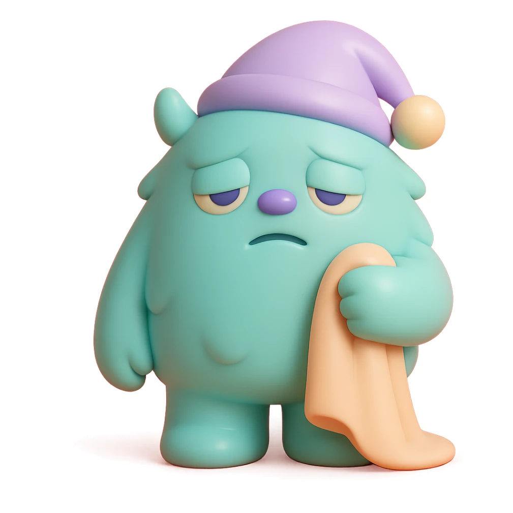 fluffy monster wearing a nightcap, holding a blanket, eyes drooping, soft lighting, vinyl figure style sticker