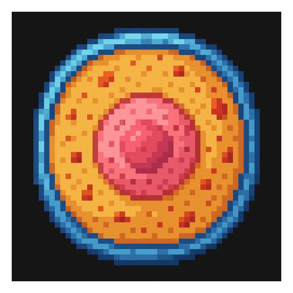 Make the human cell with a prominent nucleus detail in pixel art style sticker