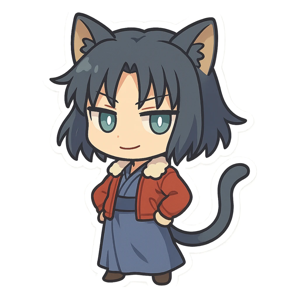chibi Ryougi Shiki with cat ears and cat tail, Mystic Eyes of Death Perception, slight smirk, cool and detached, true to her personality sticker