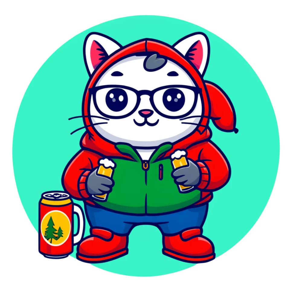 Catfish wearing a red hooded winter jacket, round glasses, blue jeans, red boots, holding a beer can with red label sticker