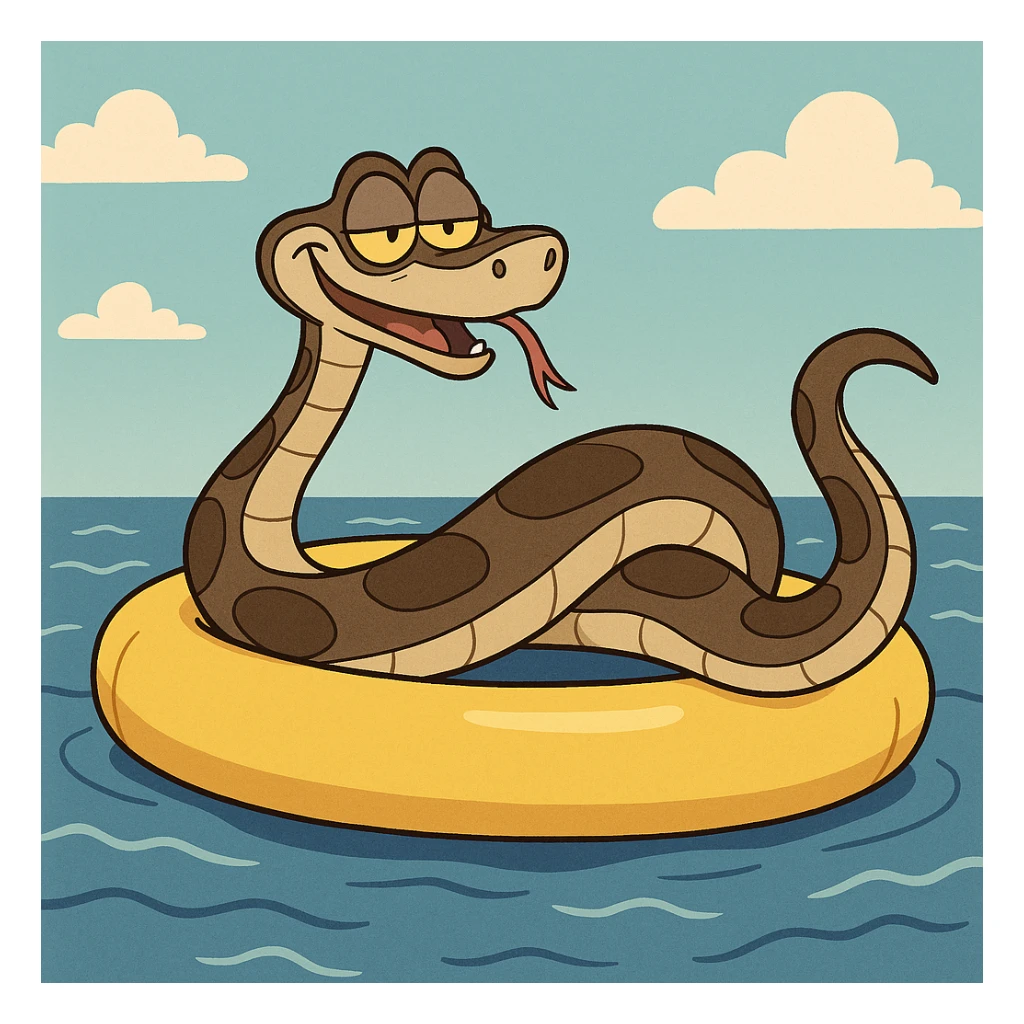 Kaa the snake from The Jungle Book floating on an inflatable pool float in the ocean, cartoon style sticker