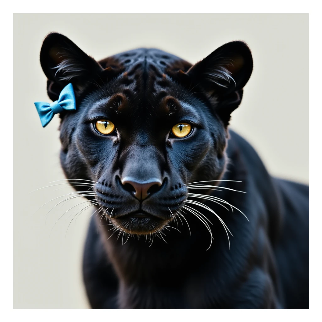 black panther with spots and a blue bow on its ear, realistic style sticker