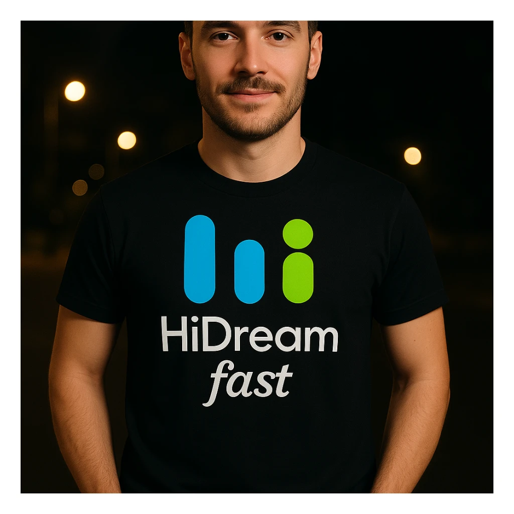 man wearing tshirt with this logo, dark night background with dim , add fast below logo sticker