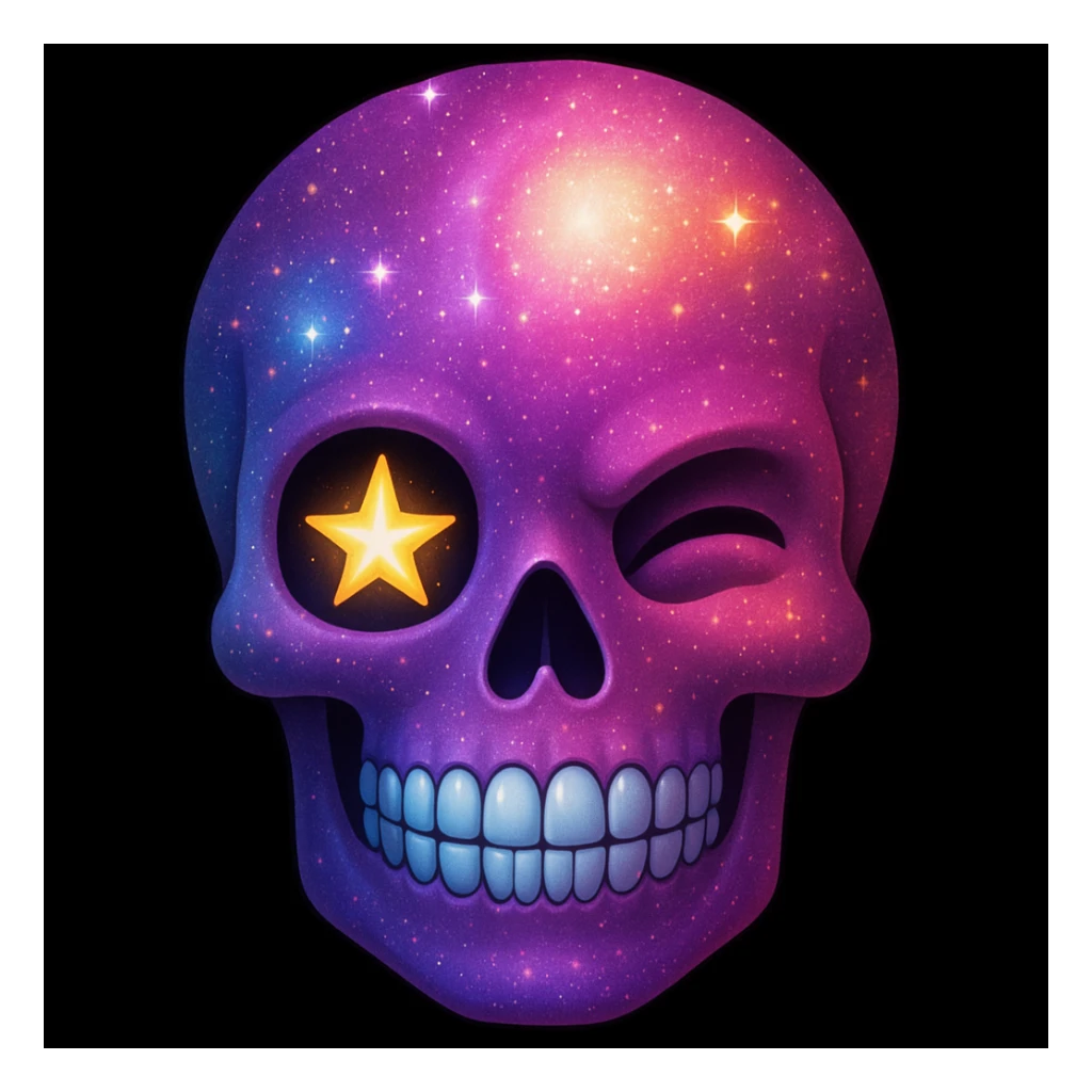 Edit the galaxy glitter skull to have a playful, cheeky wink with one eye socket squinting and a glowing star in the winking eye. Maintain the galaxy style and vibrant colors, emphasizing the glittery cosmic effect and vibrant hues. sticker
