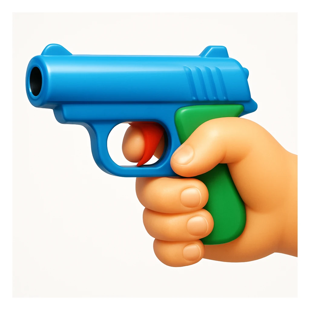 A 3D iOS emoji-style close-up of an index finger pulling a pistol's trigger, showing only the hand and the trigger area inside the trigger guard; stylized, non-realistic colour toy-pistol look, glossy Apple-style finish, clean white background.

 sticker