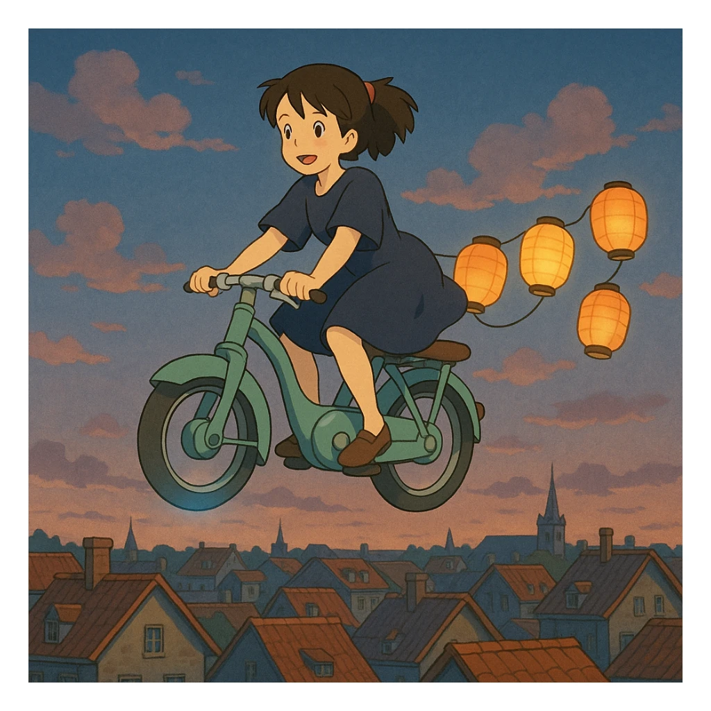 A girl riding a floating bike above the rooftops, with paper lanterns trailing behind.

 sticker