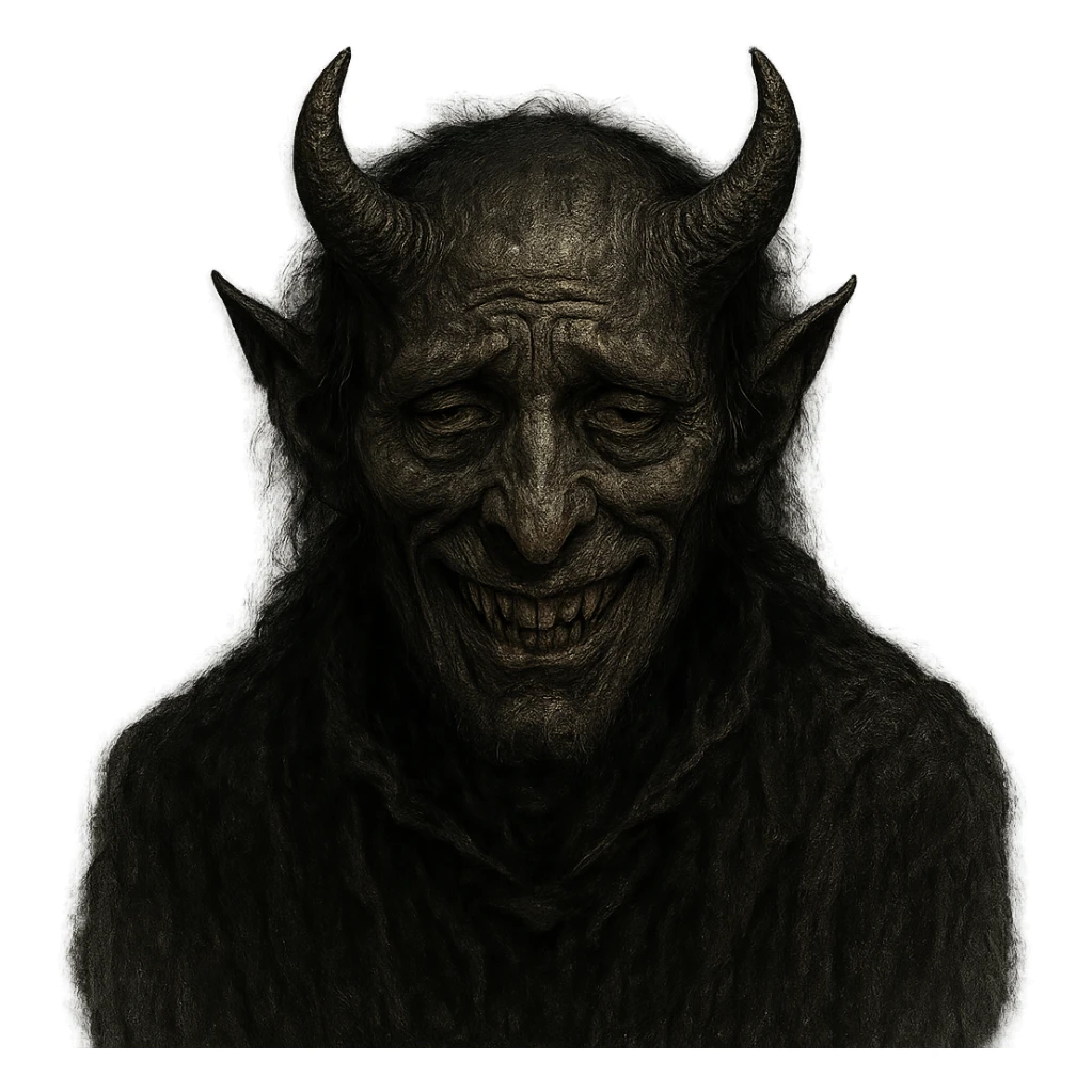 sinister demonic figure with sneering vicious face, sad depressed eyes, pessimistic perpetrator-like presence sticker