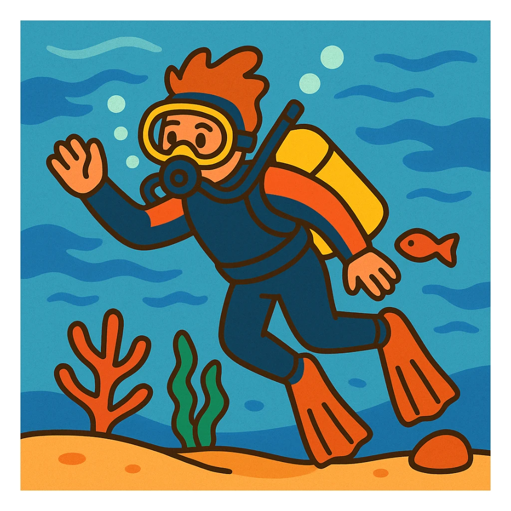 a diver in a wetsuit underwater in a playful cartoon style sticker