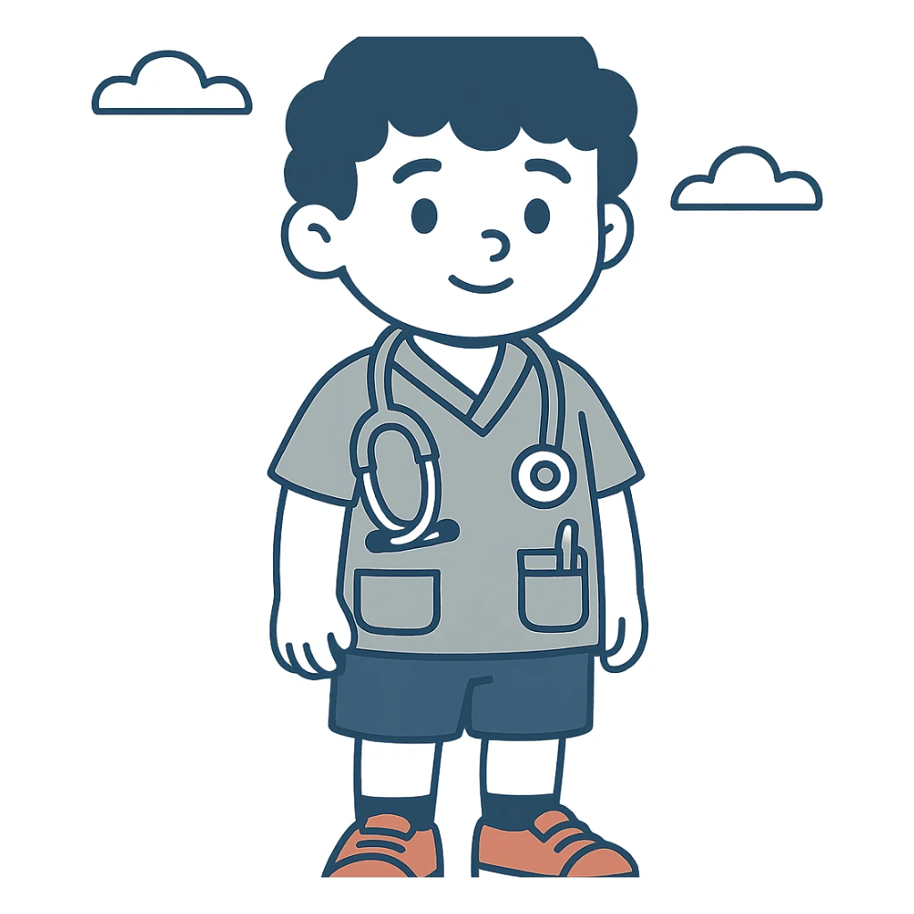 realistic yet stylized 2D character of a cute young boy doctor, around 8–10 years old, soft facial features, big expressive brown eyes, curly brown hair, light blue pediatrician short-sleeve shirt with front pockets (one with pen and tongue depressor), pink and silver stethoscope, blue knee-length shorts, red canvas sneakers with white soles, black socks slightly visible, soft lighting, vibrant colors, warm and friendly, wholesome, game character style for children's educational or hospital simulation games sticker