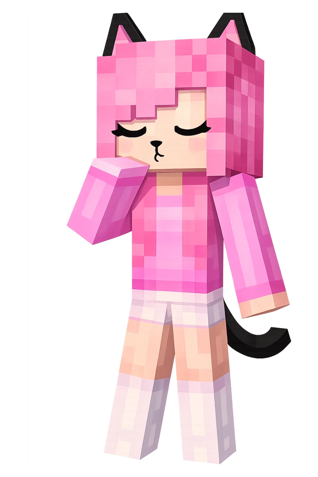 Extract the pink-haired cat girl as a separate image on a transparent background, preserving the original Minecraft cartoon style and appearance. sticker