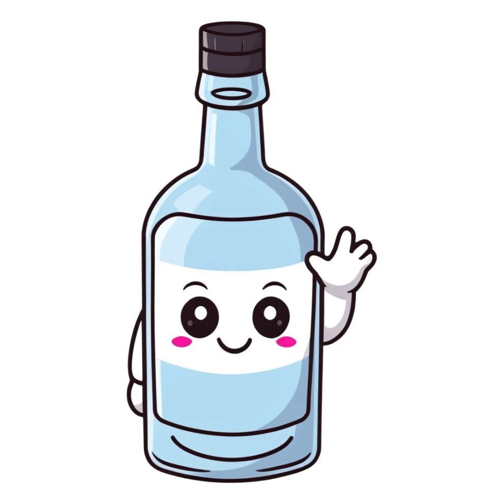 cartoon vodka bottle character with eyes, smile, arms and legs sticker