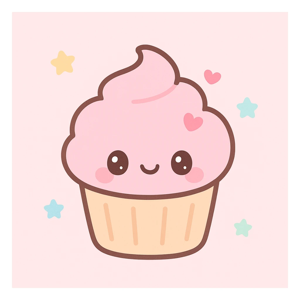 cupcake with pink icing, cute face, pastel colors, kawaii style sticker