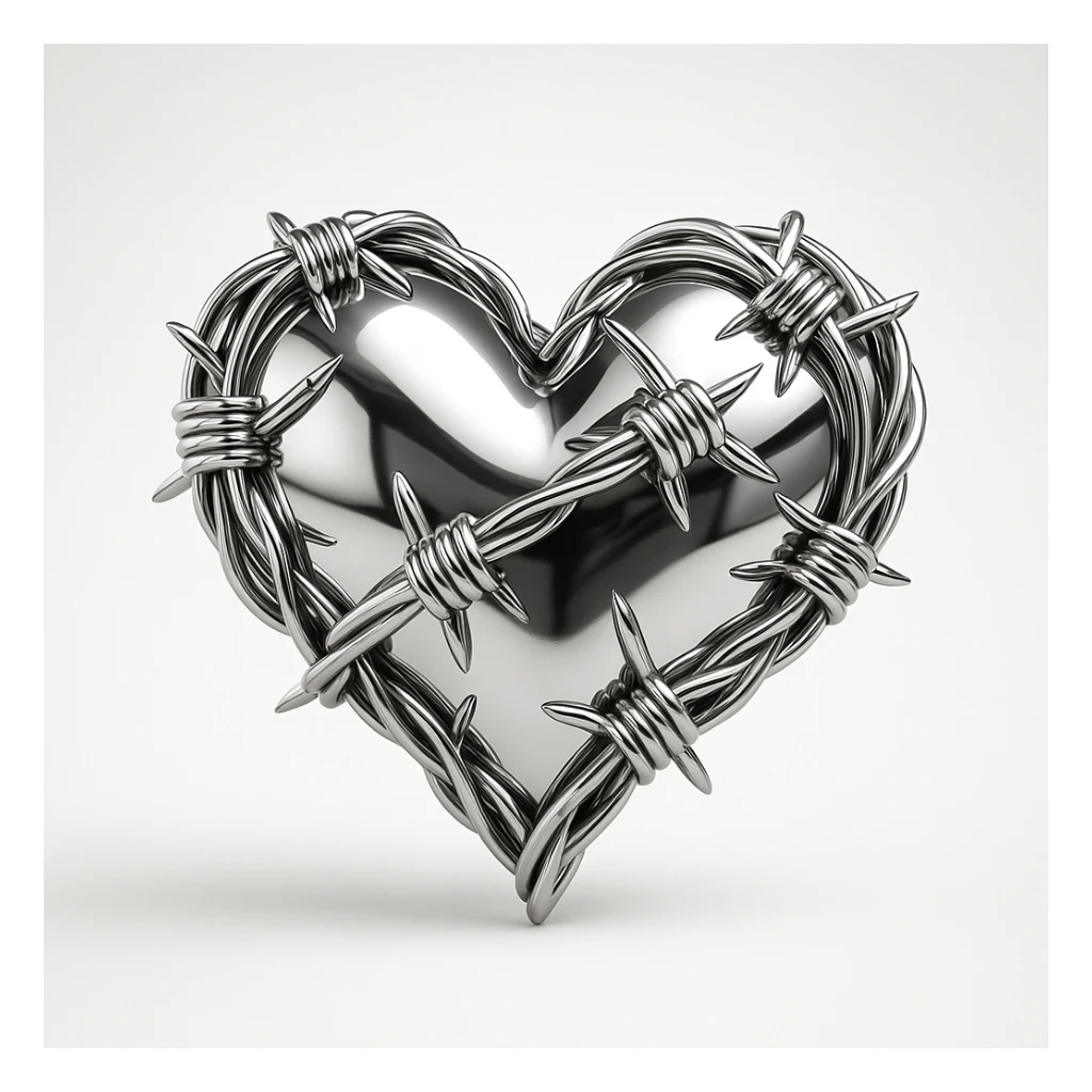a heart made of barbed wire, metallic 3D style, shiny, reflective sticker