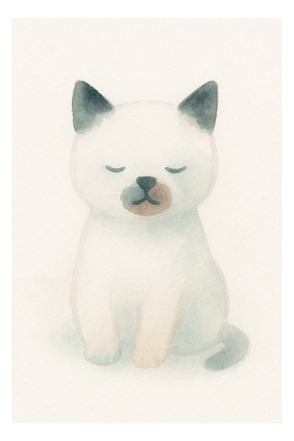 white kitten with a black spot on each ear and a black patch around its mouth, soft painterly style sticker