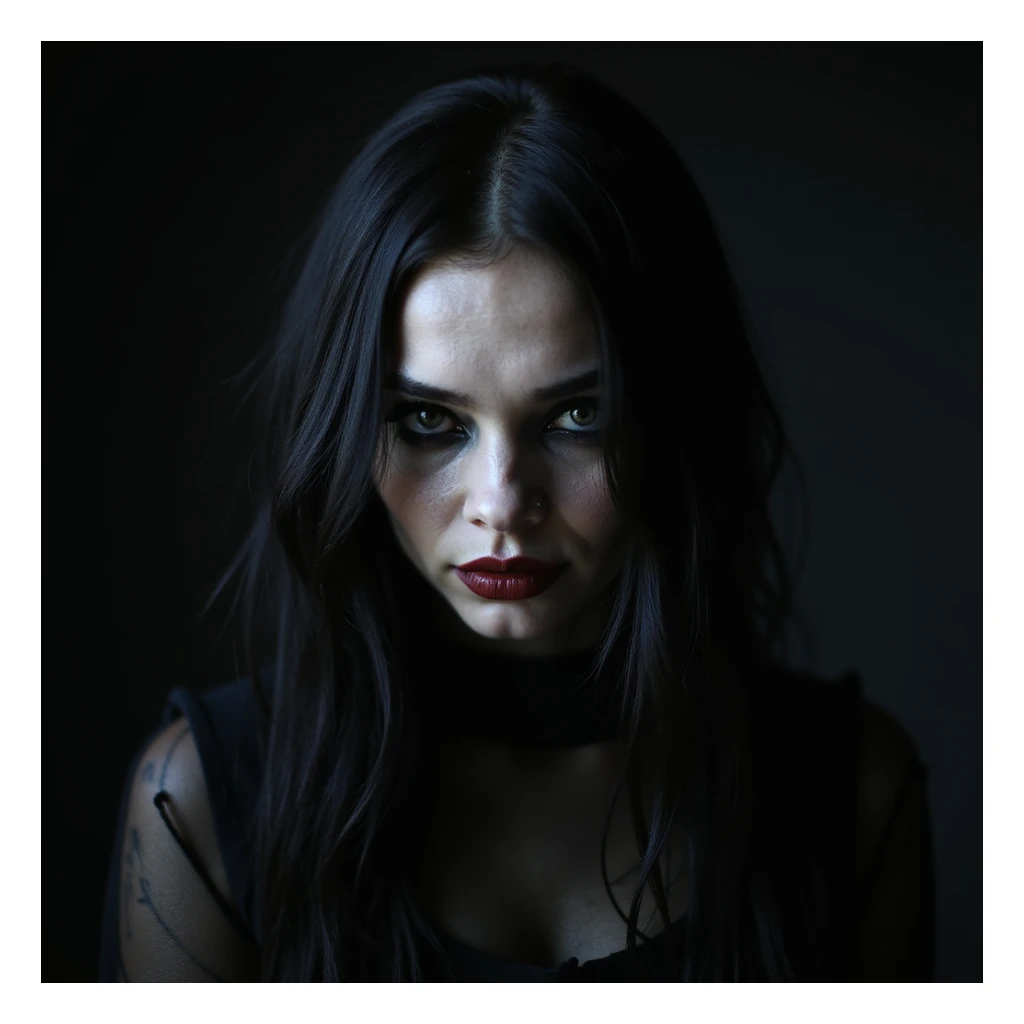 BLACKPINK inspired goth emoji, photorealistic style, black mesh, dramatic shadows, pale skin, gothic atmosphere sticker