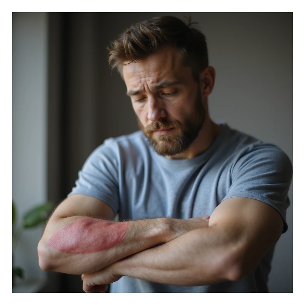 realistic man with red rash on forearm, touching it gently, concerned look, soft lighting, home background, medical realism, dermatology focus, 4K sticker