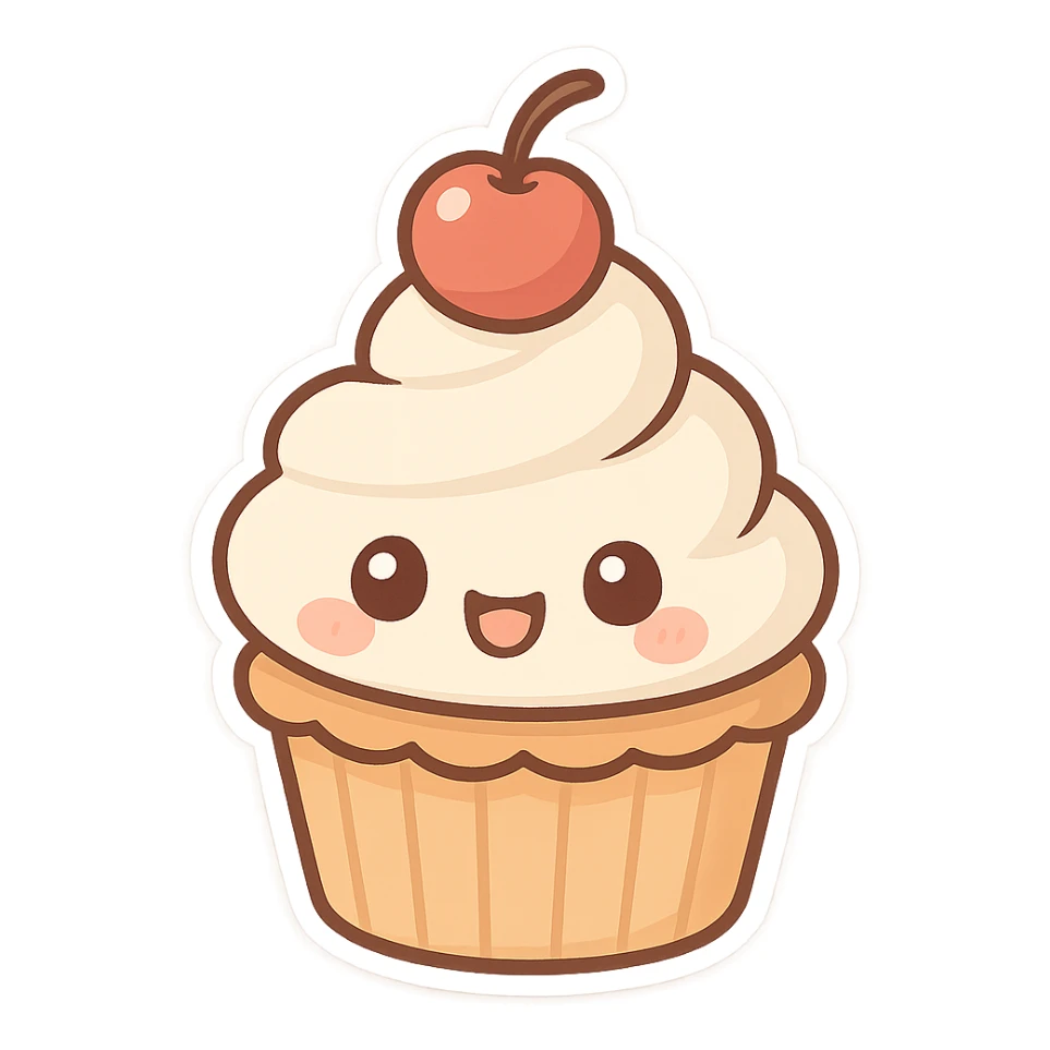 chibi sticker-style cupcake, cute and exaggerated sticker