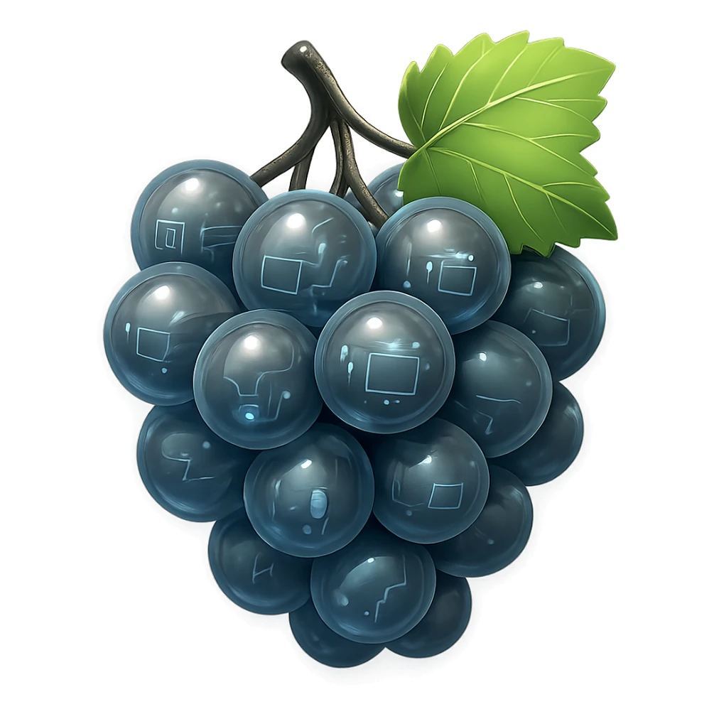 Make the grapes a little more gray, keep the stylized shiny glossy circuit style, transparent background. sticker