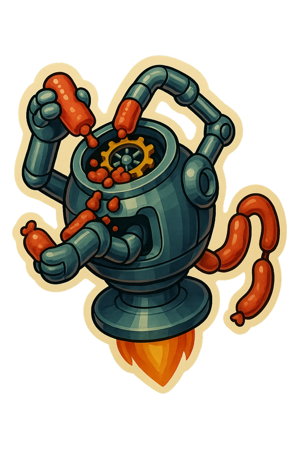 hovering robot. stuffs material into large hole on its top with 2 arms. no neck or head. large hole is where neck and head would be. spinning gears and blades in hole grind red chunks. sausage links come our of hole on backside.  3/4 view. between realism and cartoon. well lit. no dramatic lighting. metallic shiny robot. works diligently. dark humor sticker