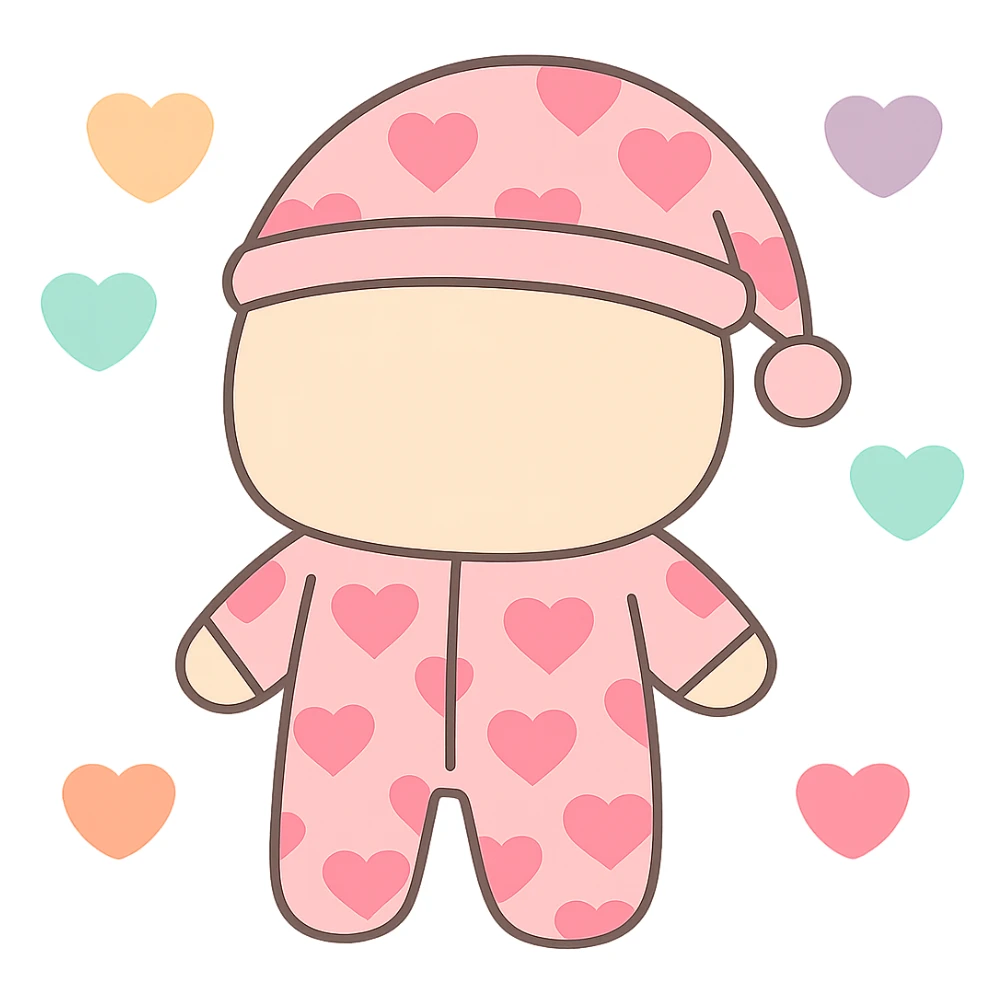 Remove the face from the pink pajamas covered in heart prints, surrounded by floating hearts, keep the style and transparency. Maintain the pink pajamas with heart prints and floating hearts, but without any face visible. sticker
