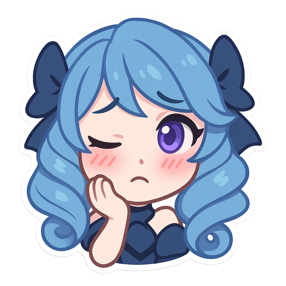 Gwen from League of Legends, chibi emote style, only head visible, right eye purple, shy expression, blushing cheeks, cute and expressive sticker