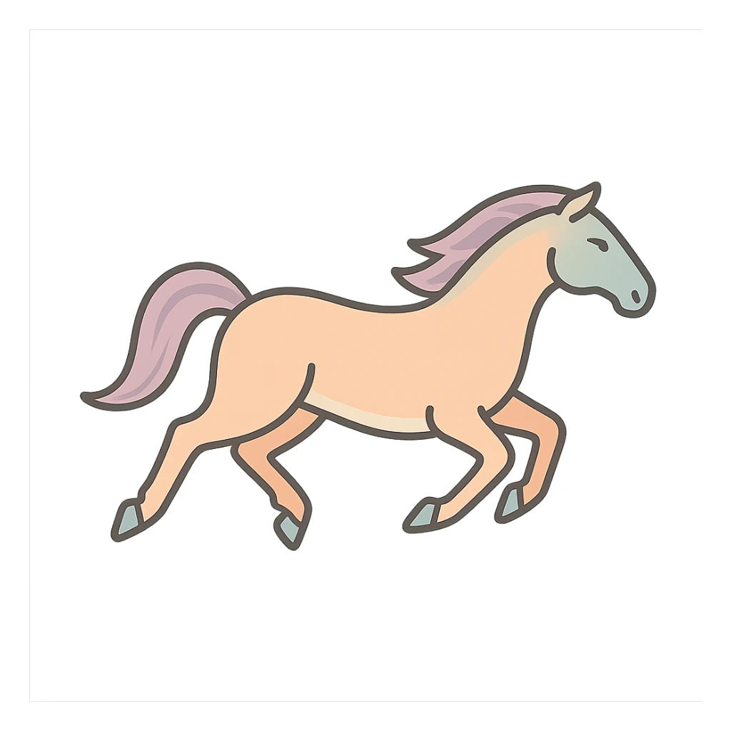 A horse in Chinese Eastern style with thin clean contours and soft rounded shapes. The pose is like the reference with all four legs in a jump, none touching the ground. Use a pastel palette with colors #98B5BC, #B5B3C1, #C9A3C9, #E4C0CA, #F7DCD1, #F7C0AA. Include detailed shadows and highlights with soft lighting. The background is transparent. The style is less cute and without decorative elements. sticker