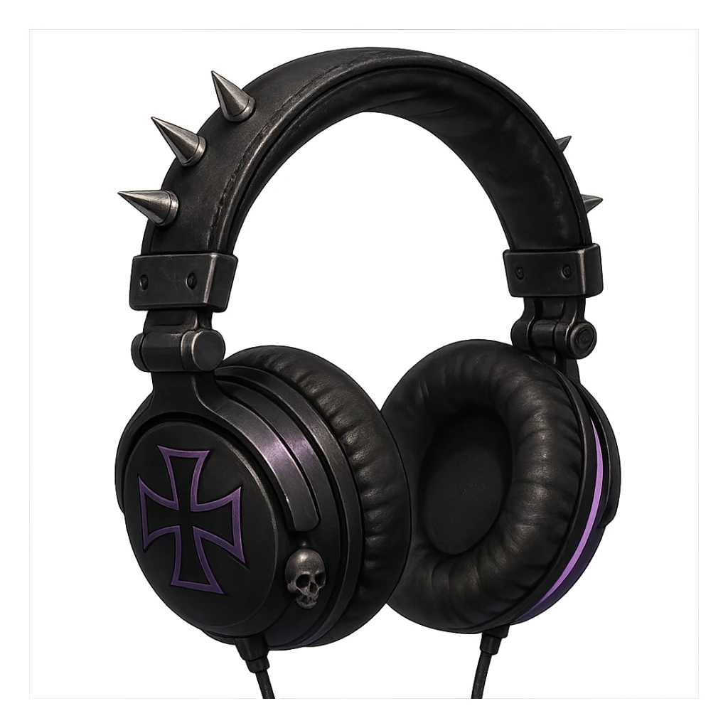 goth headphones, black with purple accents, realistic anime style sticker