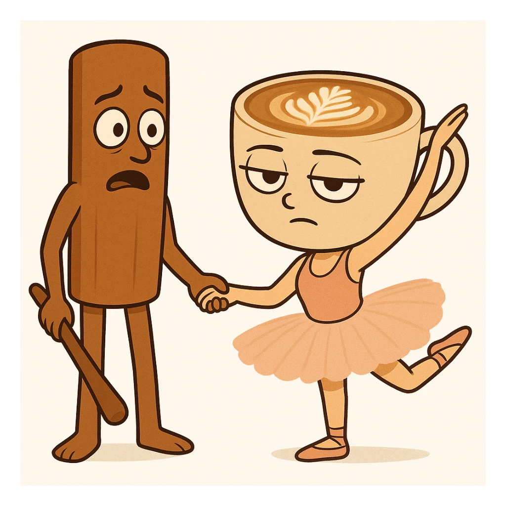 Edit the coffee cup character to have a 'whatever' expression and the cinnamon stick character to have a surprised expression, keeping the same quality and style as the reference image. sticker