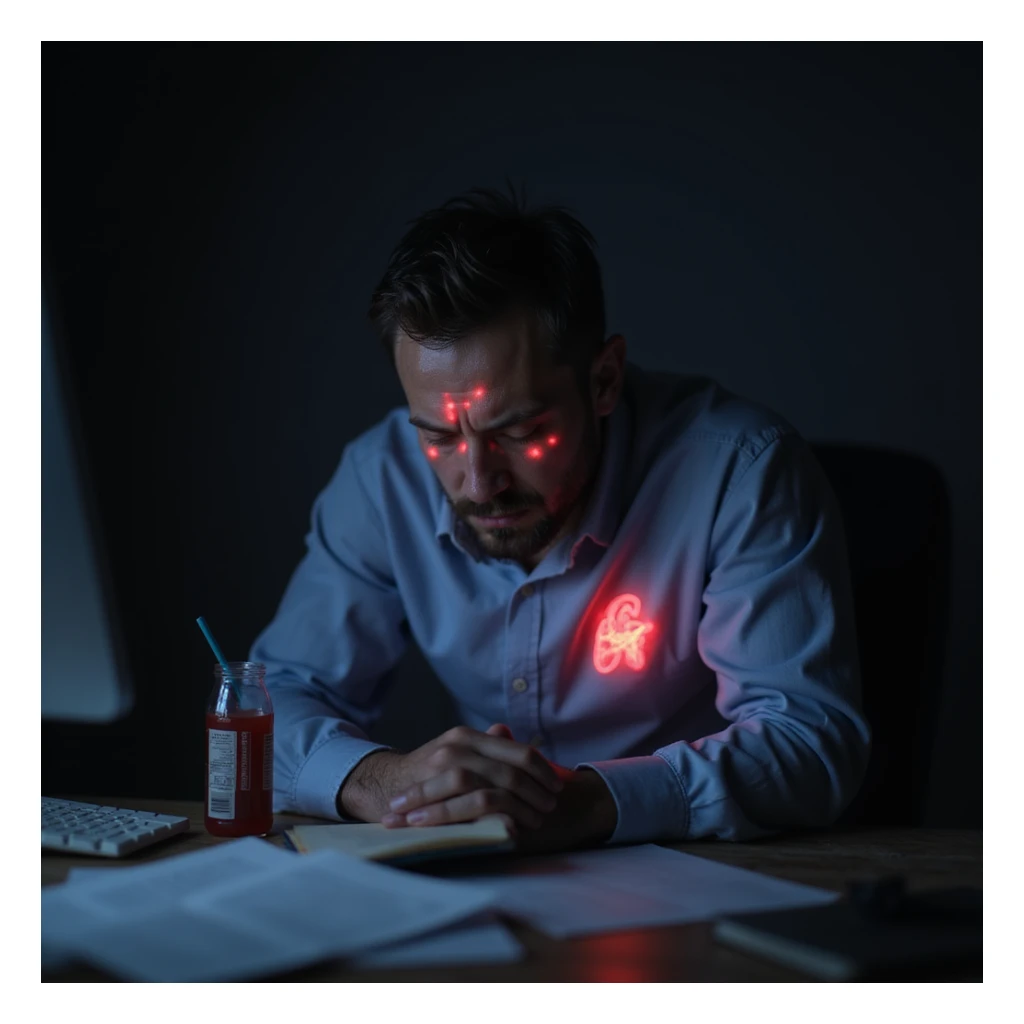 realistic tired man at desk late night, paperwork, energy drinks, glowing screen, fatigue, dark circles, slouched posture, subtle red glows on heart and head, cold lighting, burnout health risk sticker