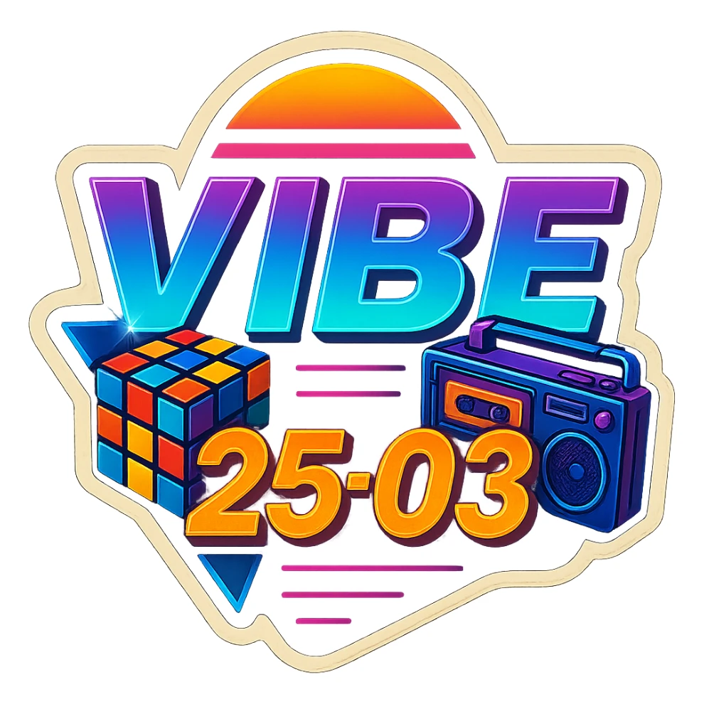 Add a Rubik's cube and a cassette player to this 80's retro VIBE25-03 logo, keeping the neon synthwave style and vibrant colors, with no background. Maintain the vibrant neon synthwave aesthetic and retro vibe. sticker